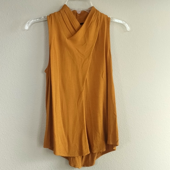 Anthropologie Maeve Size 6 Sleeveless Mustard Top With High Cross Neck & Buttons - Picture 2 of 9